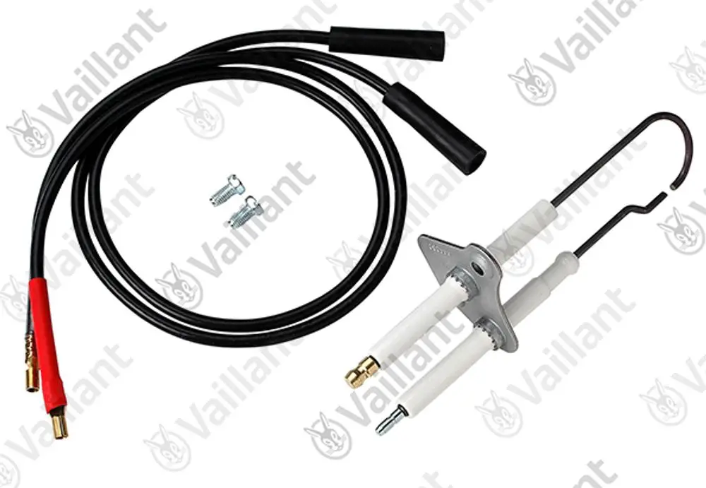 Vaillant Zündelektrode mit zwei Keramikelementen, verbunden durch Kabel mit Anschlusssteckern und zwei Schrauben.